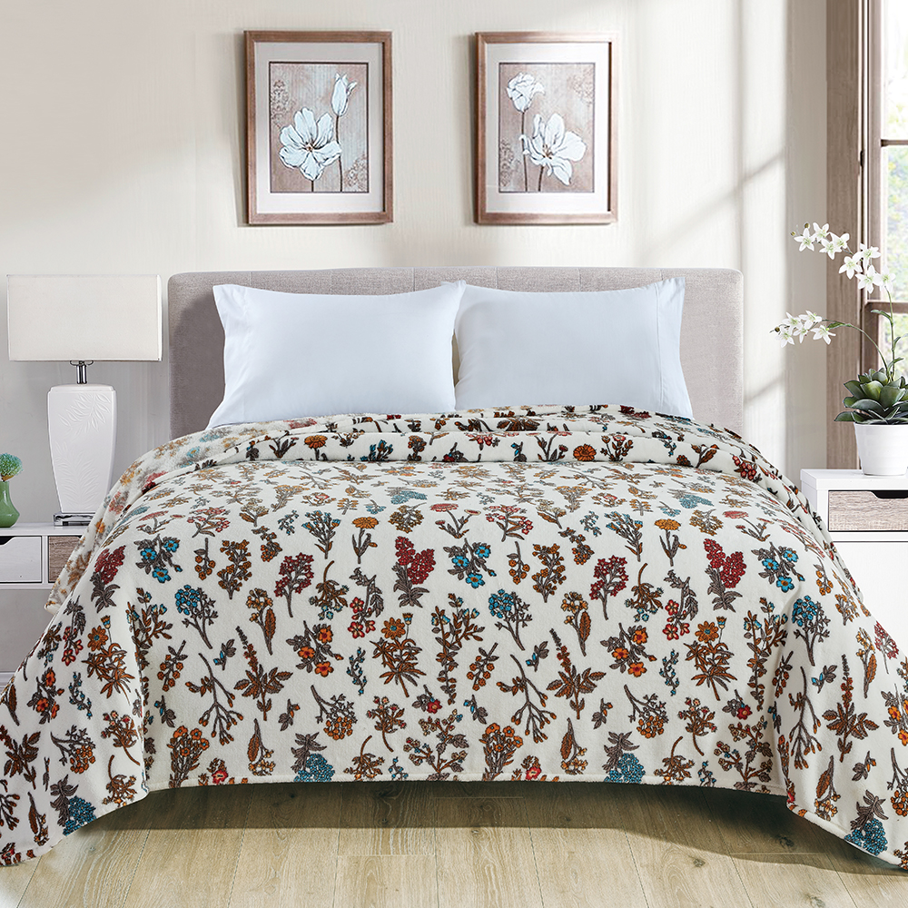 Manta estampada de franela para cama doble con estampado floral rizado