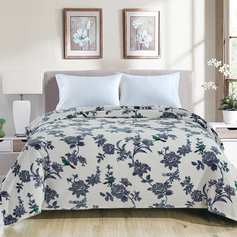 Manta estampada de franela para cama doble con estampado floral rizado